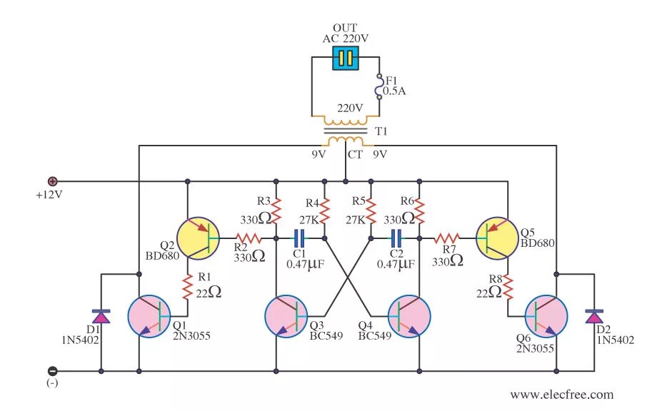 Преобразователи напряжения 220v 12v. Мультивибратор на транзисторах для преобразователя 12в 220в. мультивибратор схема на транзисторах с регулируемой частотой 12в. мультивибратор на 50 гц схема. 12v to 220v inverter.
