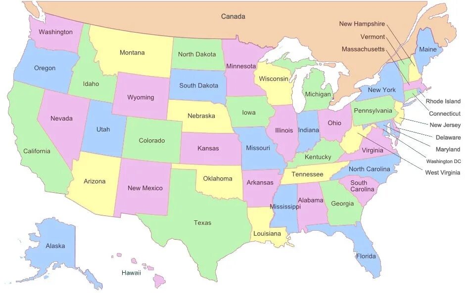 Название городов северной америки. Карта США со Штатами. Карта Америки со Штатами. Карта USA со Штатами. Соединенные штаты Америки на карте.