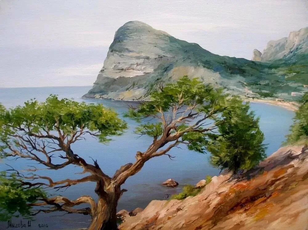 Художник нарисовал деревья море корабли. Море горы живопись. морской пейзаж с деревом. пейзаж сосны горы. крымский пейзаж акрилом.