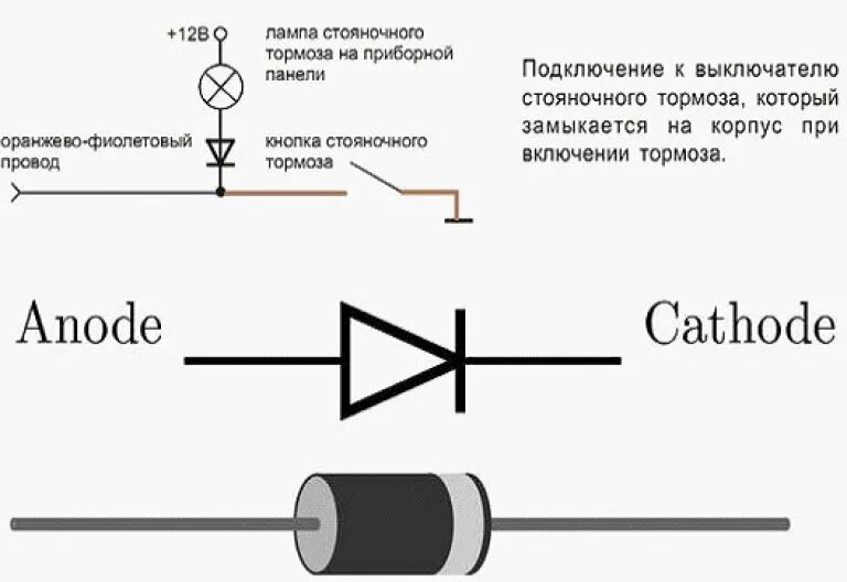 Как соединить диоды. Схема подключения ручника к сигнализации. Диод Шоттки схема подключения. Схема включения диода при установке автосигнализации. Схема подключения с диодом к ручнику сигнализации.