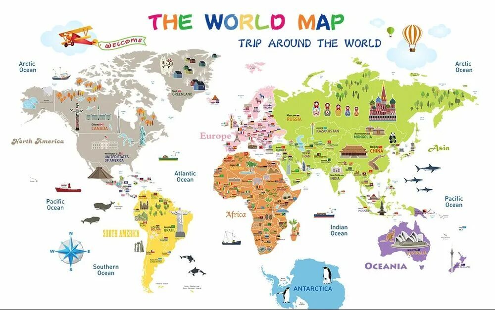 Trip Map around the World. World Map for Kids. TRP Map. Map of the World for Kids in English.