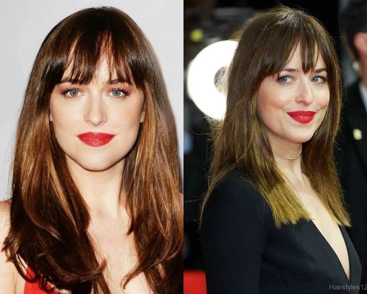 С челкой или без как выглядеть. Дакота джонсон челка. dakota johnson straight hair. дакота джонсон без челки и с челкой. дакота майи джонсон с челкой и без.