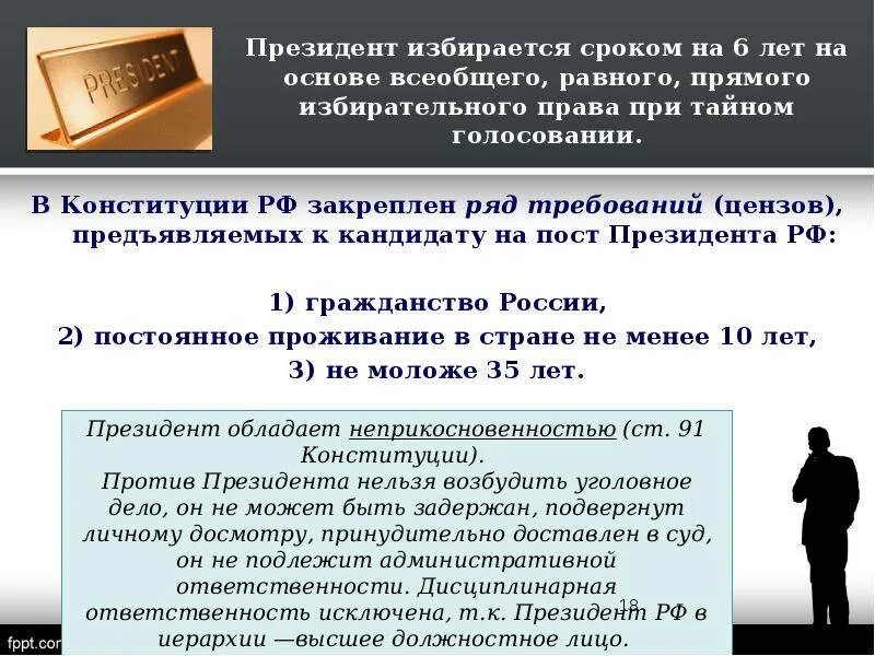 Цензы на пост президента рф. Требования к кандидату на пост президента. Требования к должности президента.