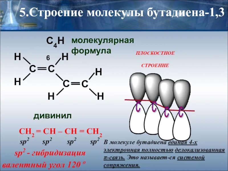 Гибридизация атомов в бутадиене 1 2. Строение молекулы бутадиена 1.3. Бутадиен пространственное строение. Алкадиены структурные формулы бутадиена 1,3. Дивинил пространственное строение.