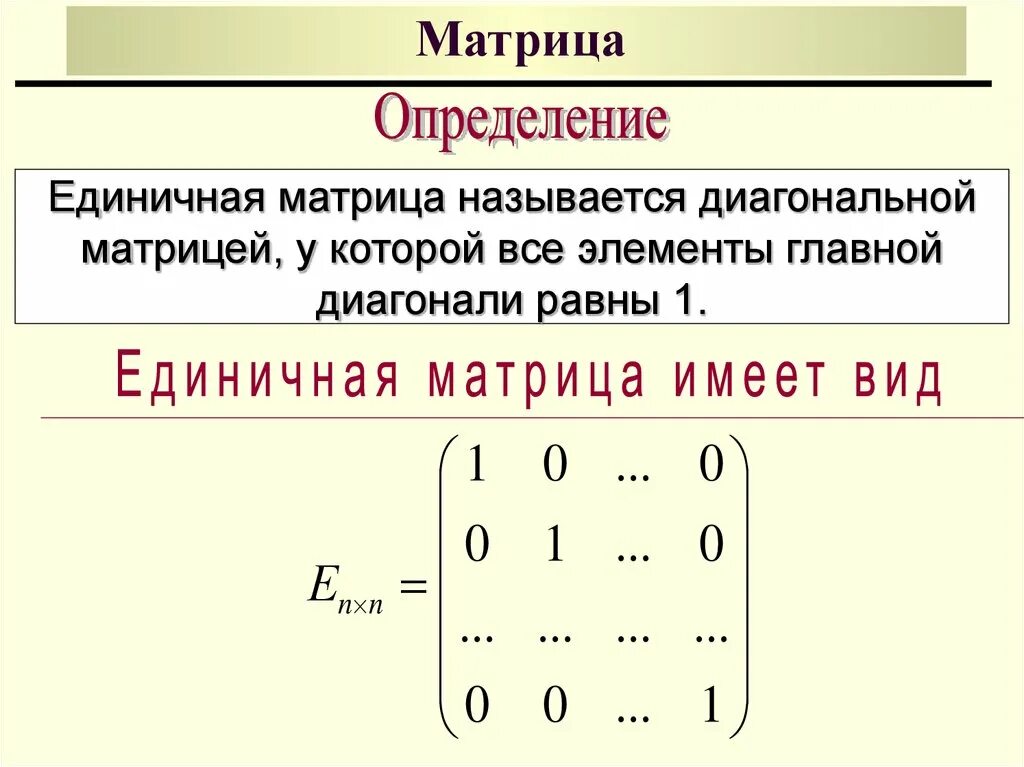 Найти диагональную матрицу. Единичная матрица. Единичная диагональная матрица. Диагональная матрица пример. Обратная матрица диагональной матрицы.