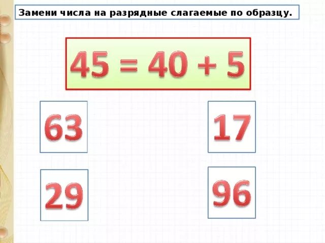 Сумма разрядных чисел 2 класс. Замени число суммой разрядных слагаемых 2 класс. Сумма разрядных слагаемых 2 класс. Замени числа на разрядные слагаемые.