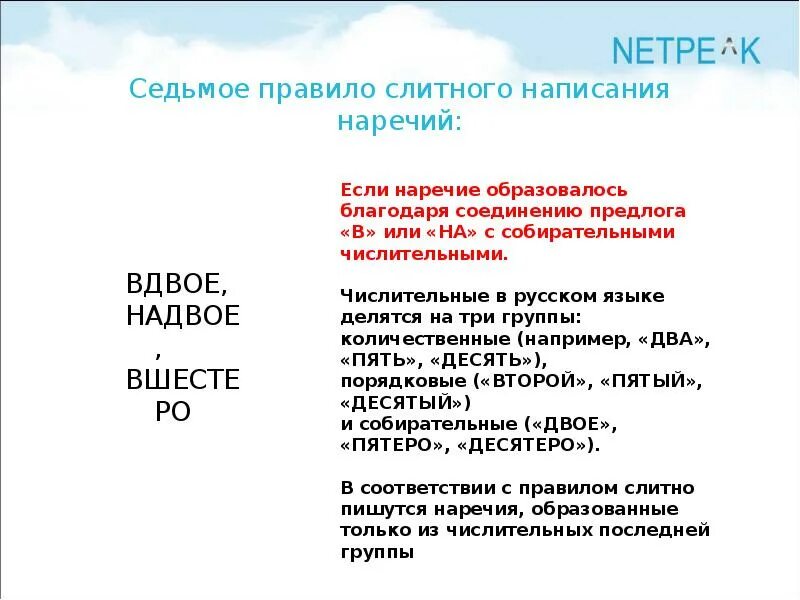 Вдвое какое наречие. Правило написание наречий от собирательных.