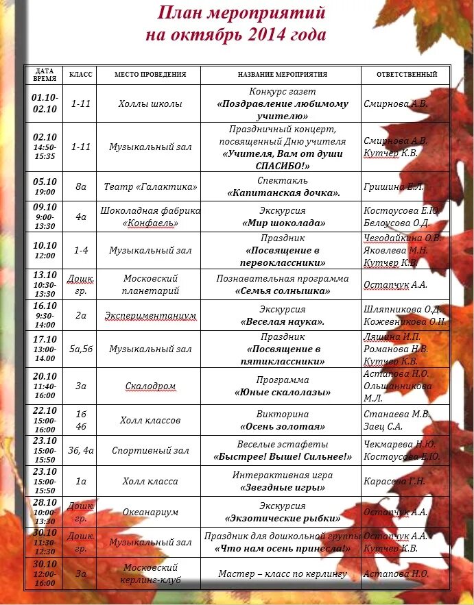 Программа школьного мероприятия. Список мероприятий для детей. Мероприятия на октябрь. Названия мероприятие в сентябре для детей. План мероприятий на сентябрь.