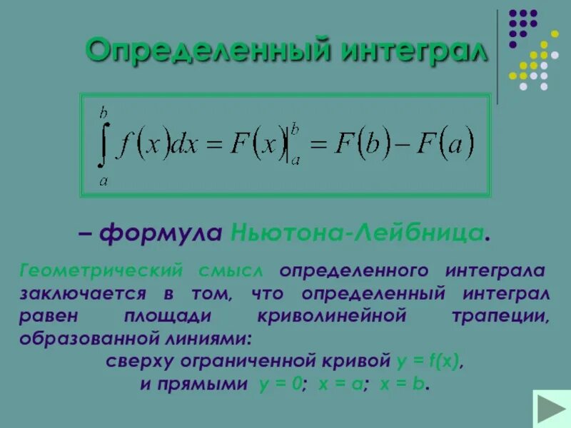 В чем геометрический смысл определенного интеграла. Определённый интеграл формула Ньютона-Лейбница. Определенный интеграл формула. Определенный интеграл формула Ньютона. Определенный интеграл равен площади.