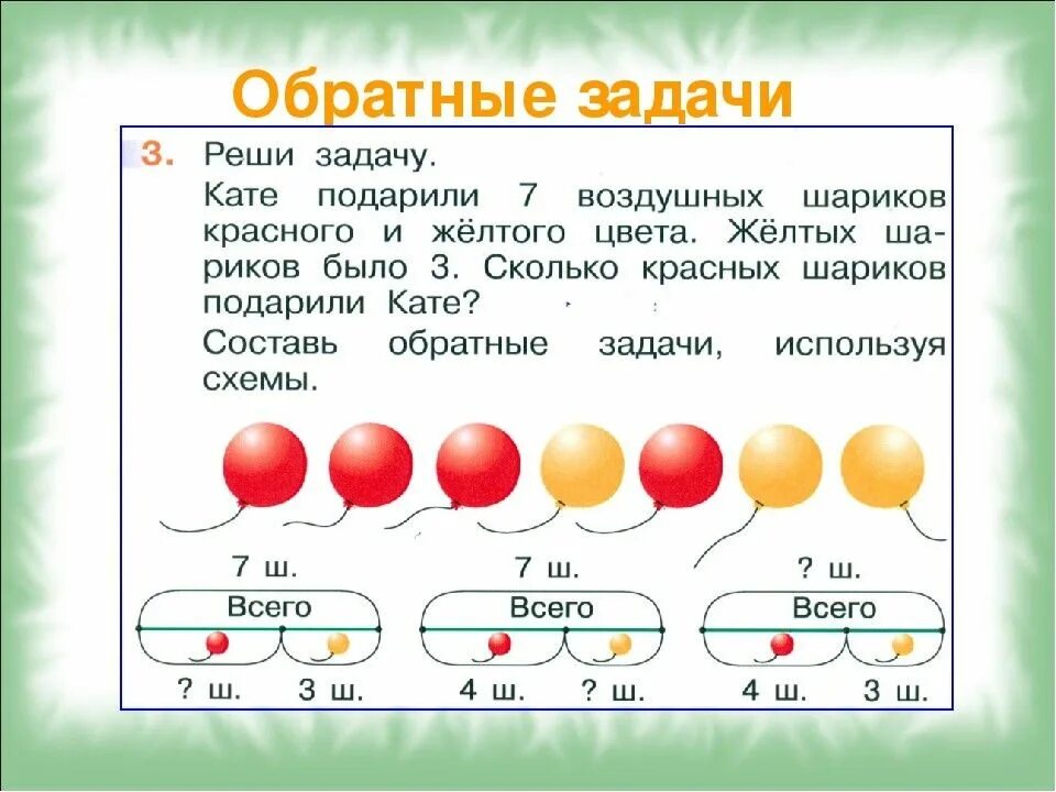 Красных шаров было на 7. Обратные данные задачи 2 класс математика. Обратные задачи 4 класс. Как решаются задачи обратные данные. Как решить задачу обратным действием.