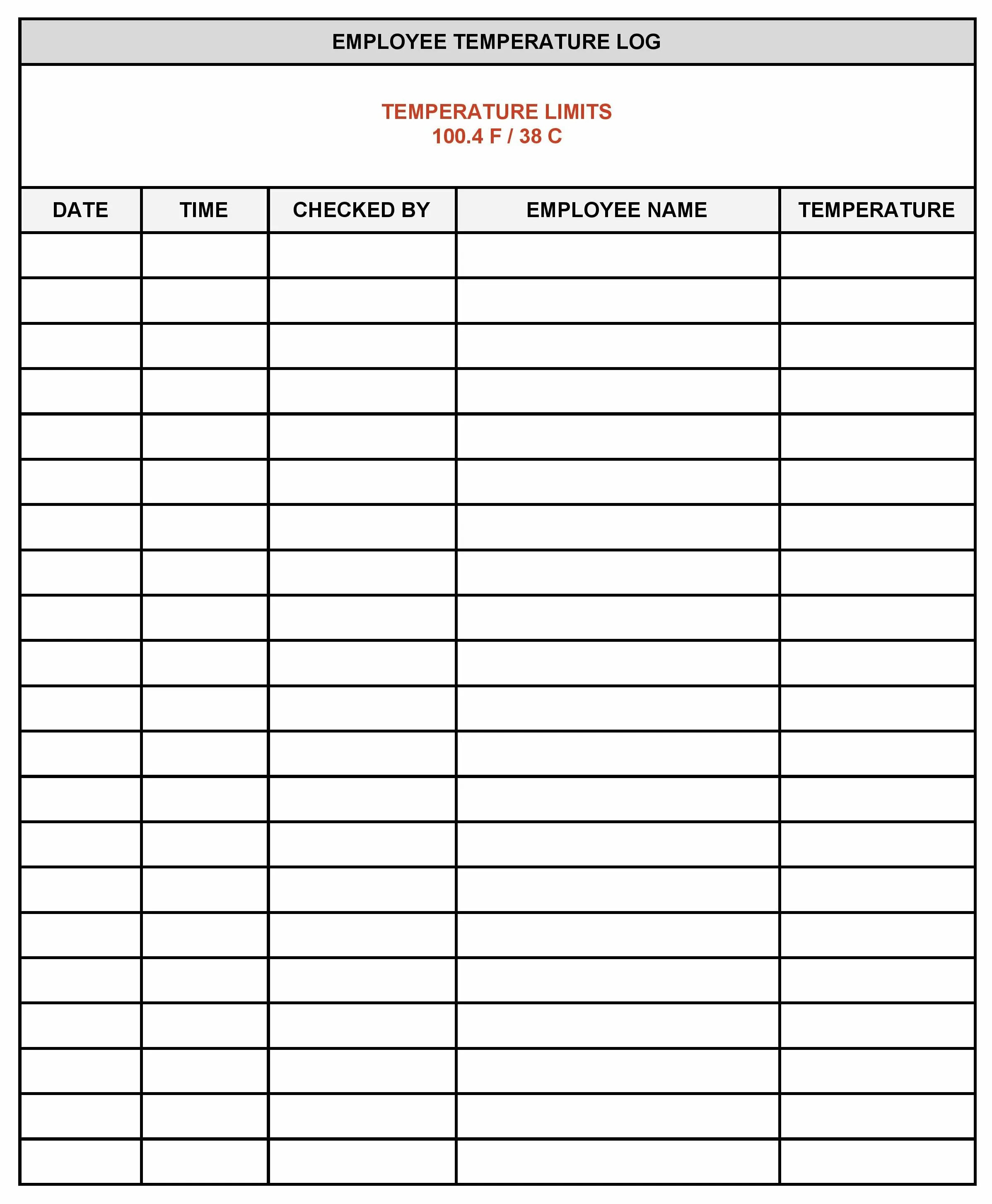 Temperature Sheet. Temperature logged. Temp log