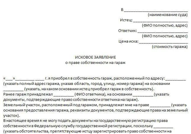 Иск земельный спор. Исковое заявление в суд о праве собственности на гараж.