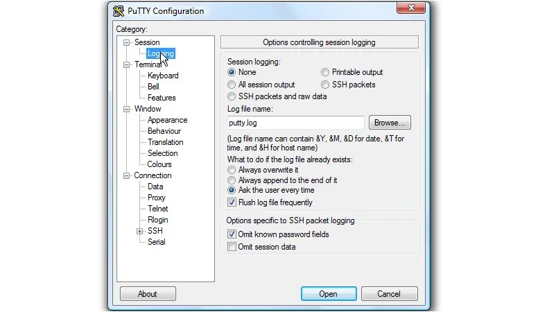Logging configuration. Putty. Putty открытый файл. Скорость интерфейса в Putty. Перемещение файлов Putty Linux.