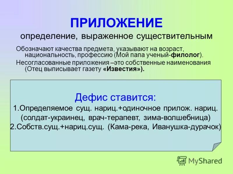 Существительное выражающее тему. Приложение определение. Приложение это определение выраженное существительным. Приложение это несогласованное определение. Приложение и определяемое слово.