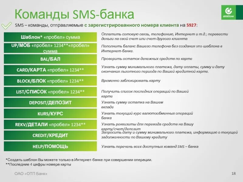 Команды сбербанка 900. Команды смс банка. ОТП банк смс команды. Номер телефона смс банка. Приложение ОТП банка.