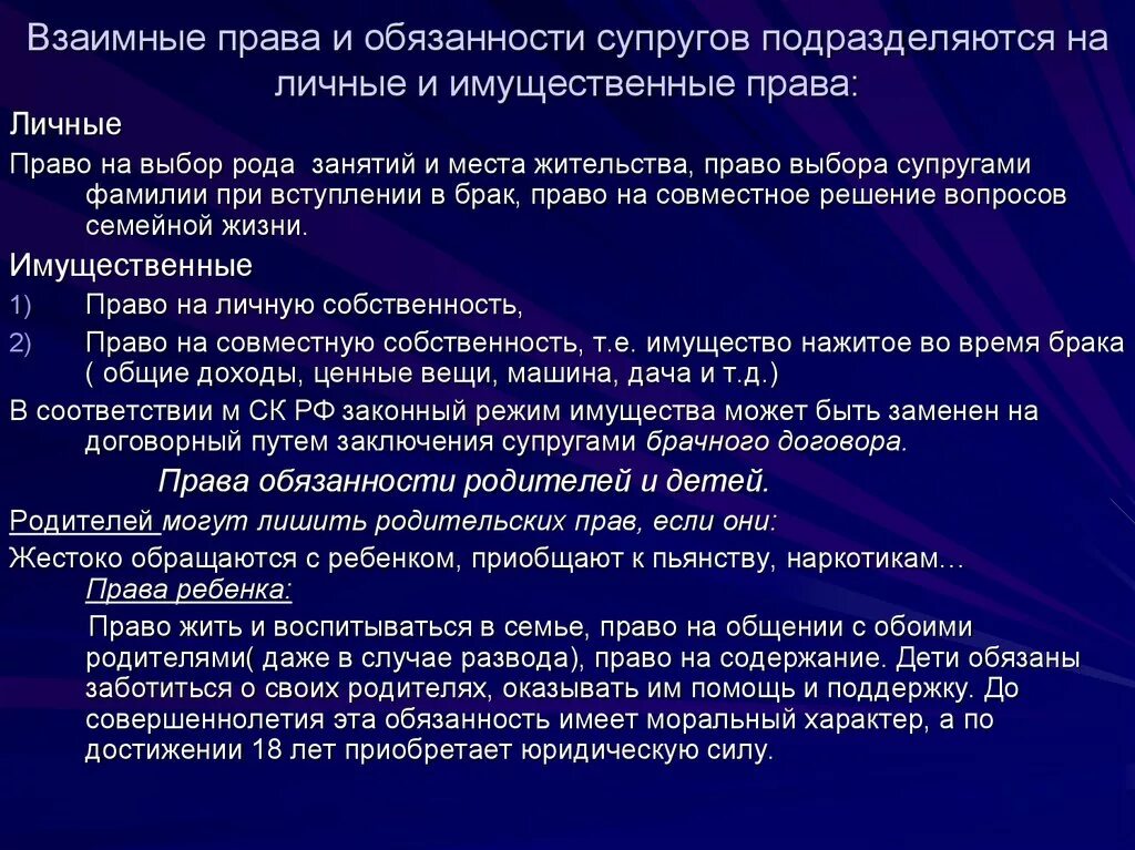 Право на совместное проживание. Взаимные обязанности супругов.