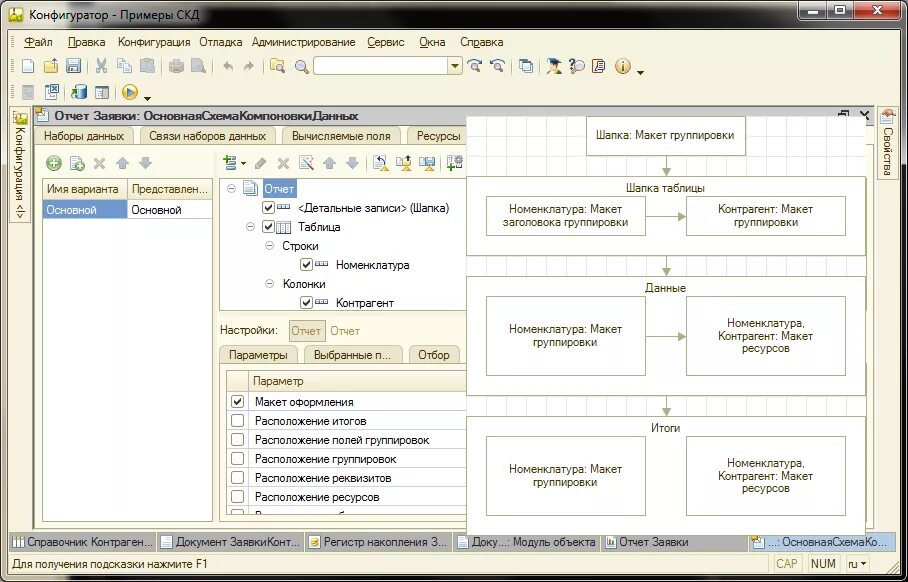 Схема компоновки данных 1 с группировка. Группировка колонок в СКД 1с. Макет отчета. Отчеты на основе системы компоновки данных.