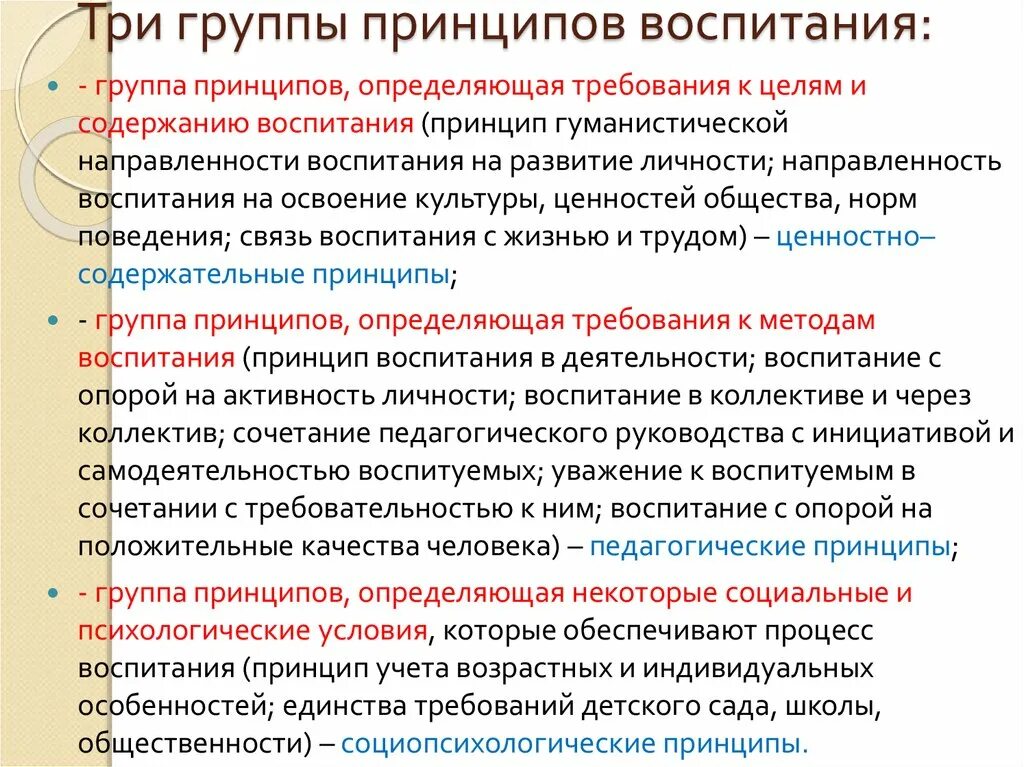 Задачи воспитания содержание воспитания принципы воспитания