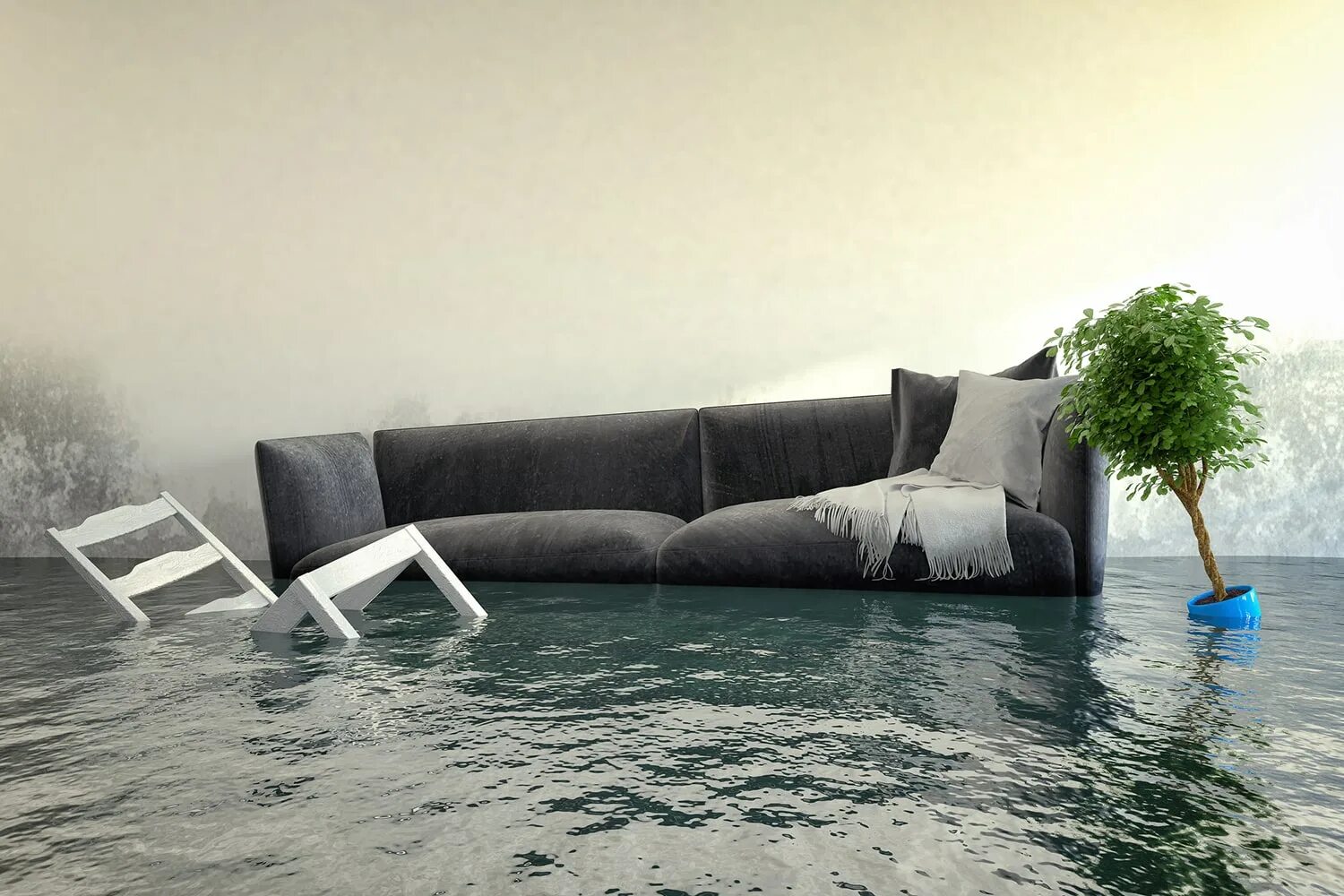 Вода в квартире. Диван в воде. Затопленная комната. Мебель в воде. Мокрый диван.