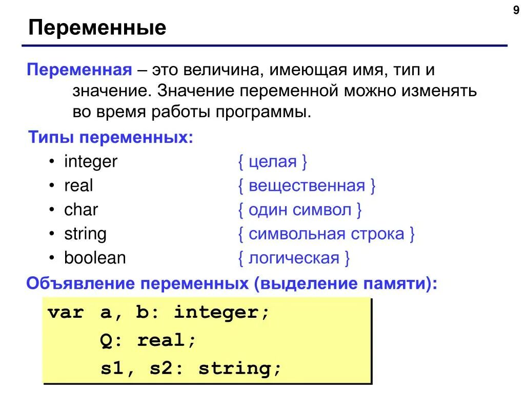 Целые и вещественные типы переменных