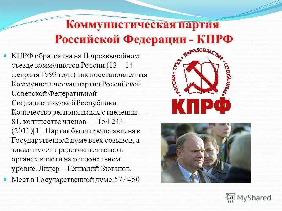 Образование партии рф. Коммунистическая партия Российской Федерации. КПРФ. Коммунистическая партия Российской Федерации (КПРФ). КПРФ презентация о партии.