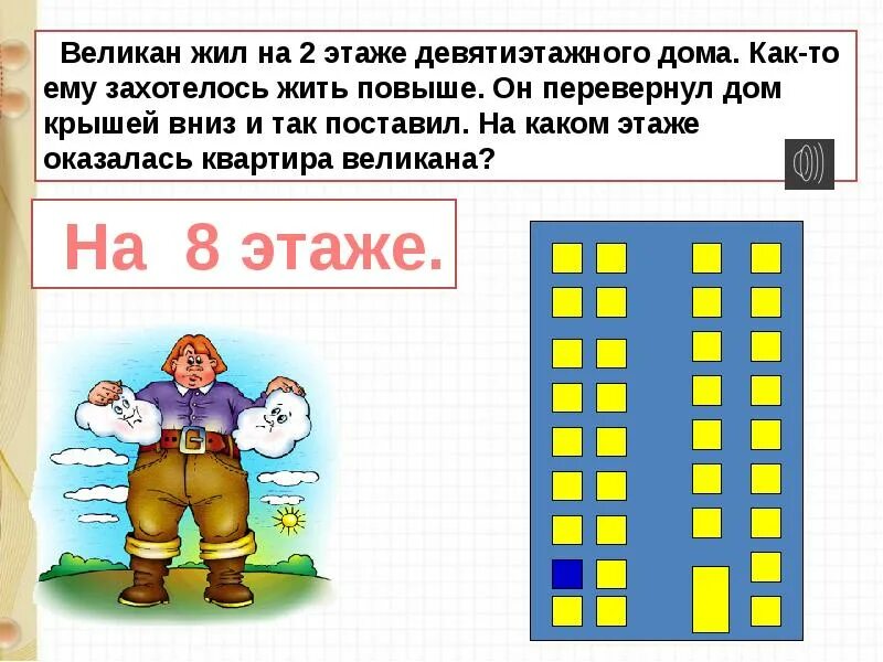 Задачи на этажи 4 класс. Великан жил на 2 этаже девятиэтажного дома. Великан перевернул девятиэтажный дом. Великан оторвал девятиэтажный. Страничка для любознательных.