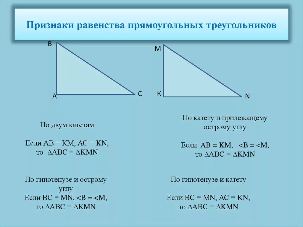 Построение прямоугольного треугольника по двум катетам. Равенство прямоугольных треугольников по гипотенузе и катету. Признаки равенства треугольников по 2 катетам. Признаки равенства прямоугольных треугольников 2 признак. Равенство треугольников по 2 катетам и гипотенузе.