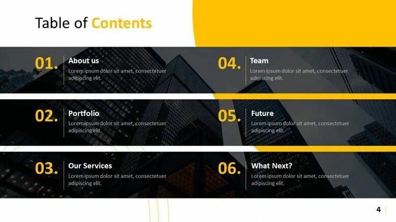 Slide content. Creative table of contents in ppt.