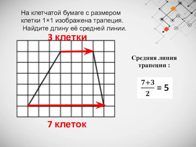 Как найти длину средней линии трапеции. Средняя линия на клетчатой бумаге. Средняя линия трапеции на клетчатой бумаге. Среднюю линию трапеции на клетчатой бумаге 1. На рисунке изображена змейка 1х1