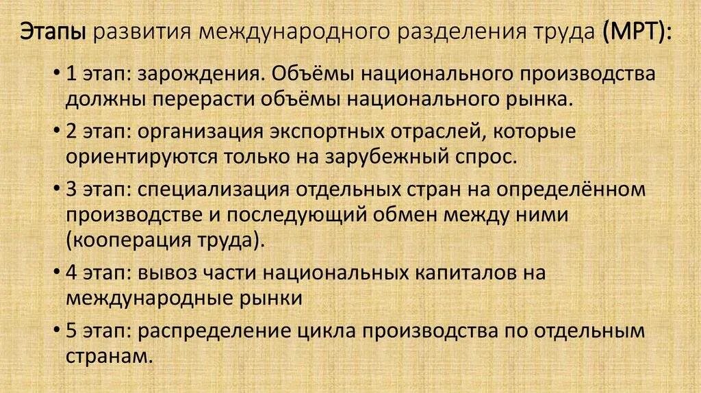 Стадии международного развития. Этапы международного разделения труда. Этапы развития мрт. Основные понятия международного разделения труда. Основные типы международного разделения труда.