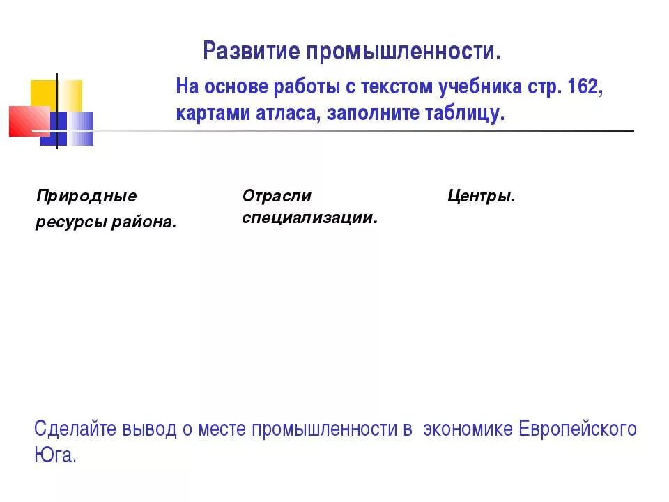 Ресурсы европейского Юга таблица. Отрасли европейского Юга таблица. Отрасли специализации европейского Юга таблица. Природные ресурсы европейского Юга таблица. Таблица сравнения европейского севера и европейского юга