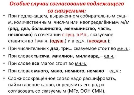 Виды согласования подлежащего и сказуемого
