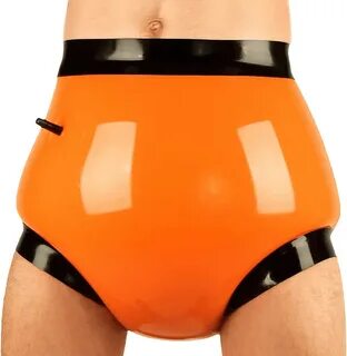 Orange and Black Inflatable Sexy Latex Briefs Medium Size Rubber Shorts Lay...