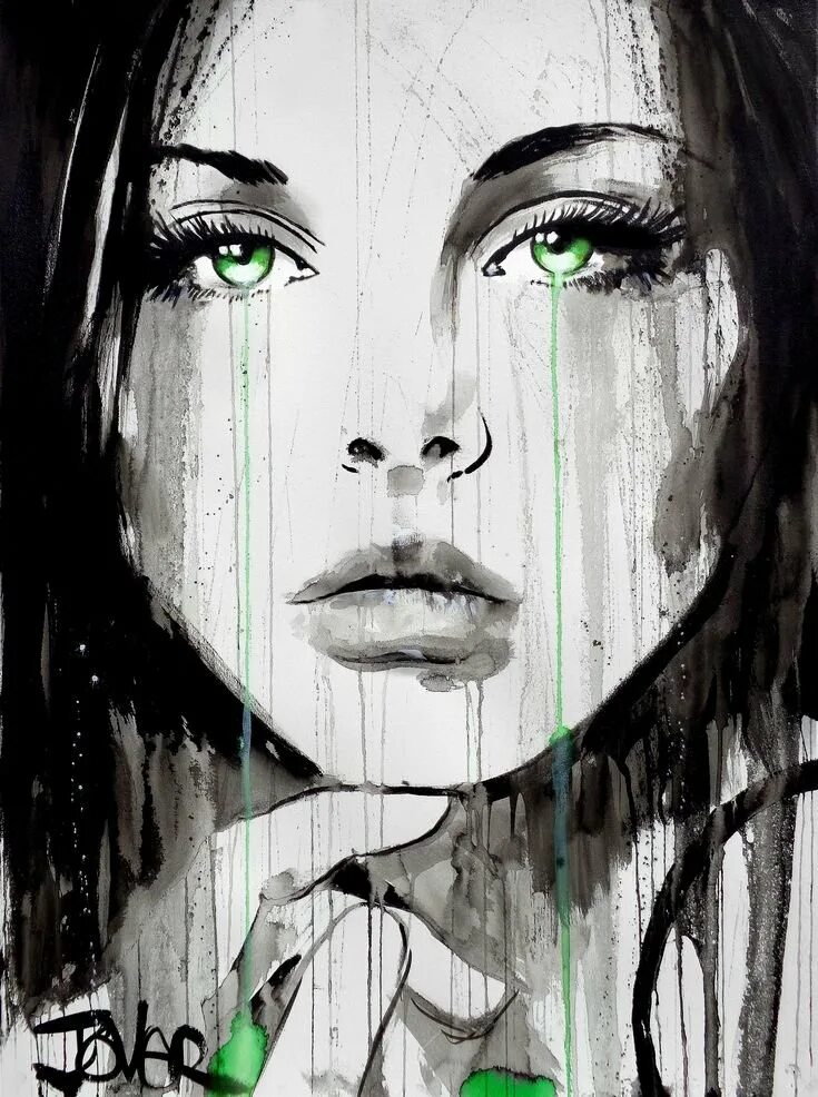 Рисунок женщины. Loui Jover взгляд. Портрет тушью. Выразительный портрет. Грустное лицо девушки.