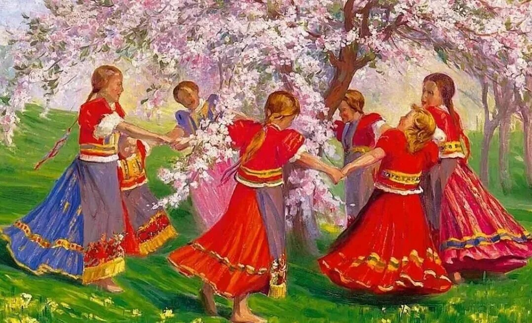 Хоровод. Фольклорный праздник. Народные танцы. Встреча весны на Руси. Веселые танцевальные русские народные песни