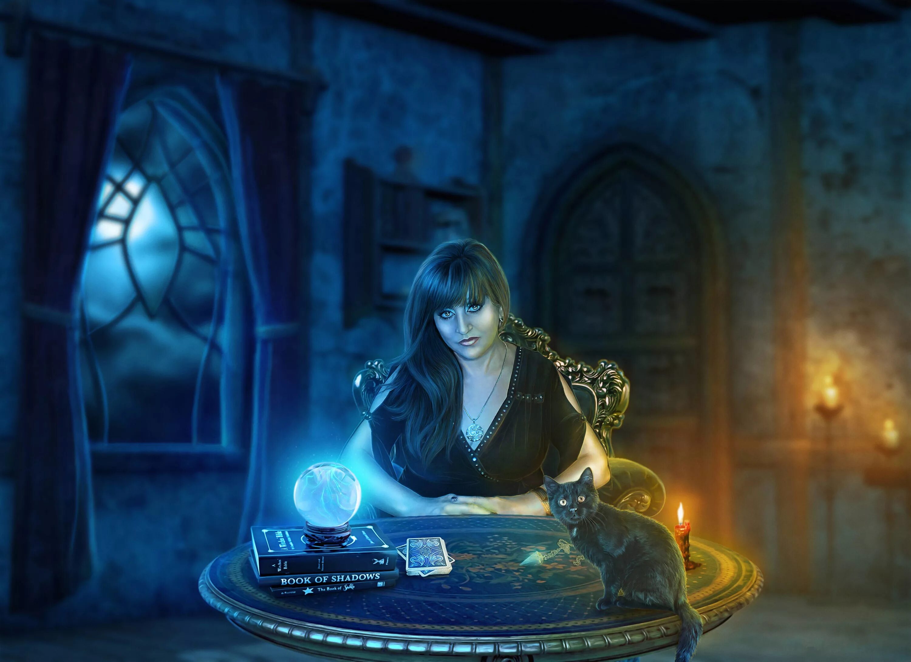 Гадание будущее дома. Магический шар ведьмы. Стол ведьмы. Девушка с магическим шаром. Ведьма за столом.