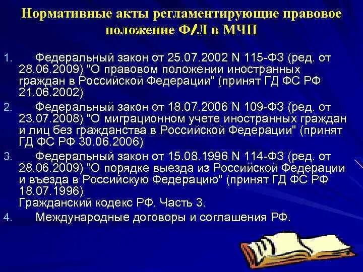 115 фз 2023. Законодательные акты регламентирующие правовое положение. Правовое положение иностранцев в РФ МЧП. Правовое положение физических лиц в международном частном праве. НПА МЧП.