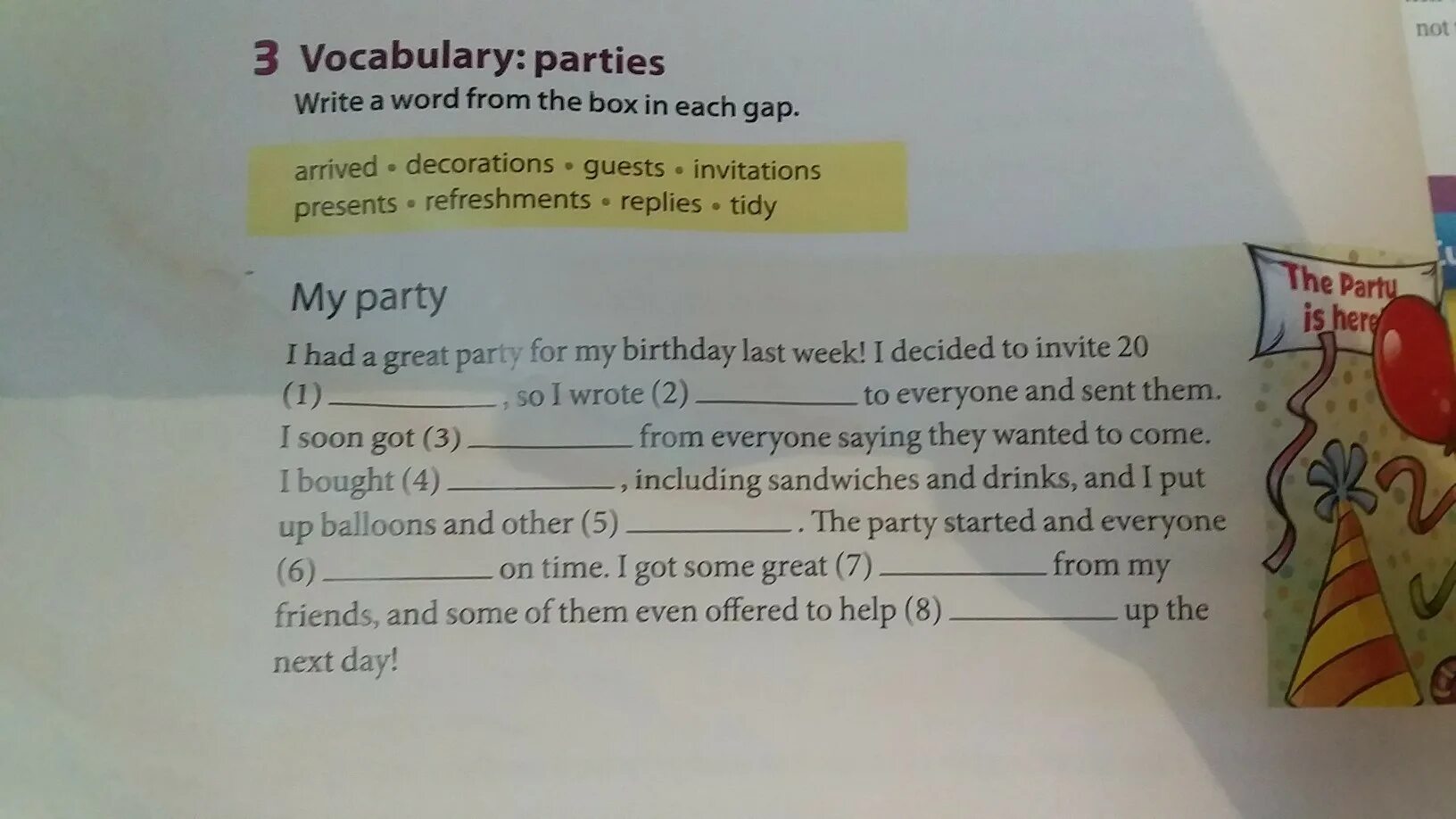 Birthday Party Vocabulary. Write one Word in each gap.. He is at a Party. Write an Invitation to the Party.