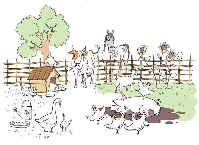 Загон для животных для детей. Животные в деревне рисунки. Двор для животных. Рисунок домашней скотины.