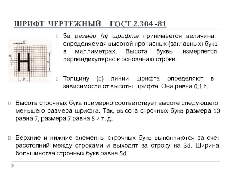 Это высота шрифта измеряемая от нижнего края. ГОСТ 2.304-81 шрифты чертежные. За размер шрифта принимается. Толщина чертежного шрифта принимает величина определяемая. Размер шрифта h величина.