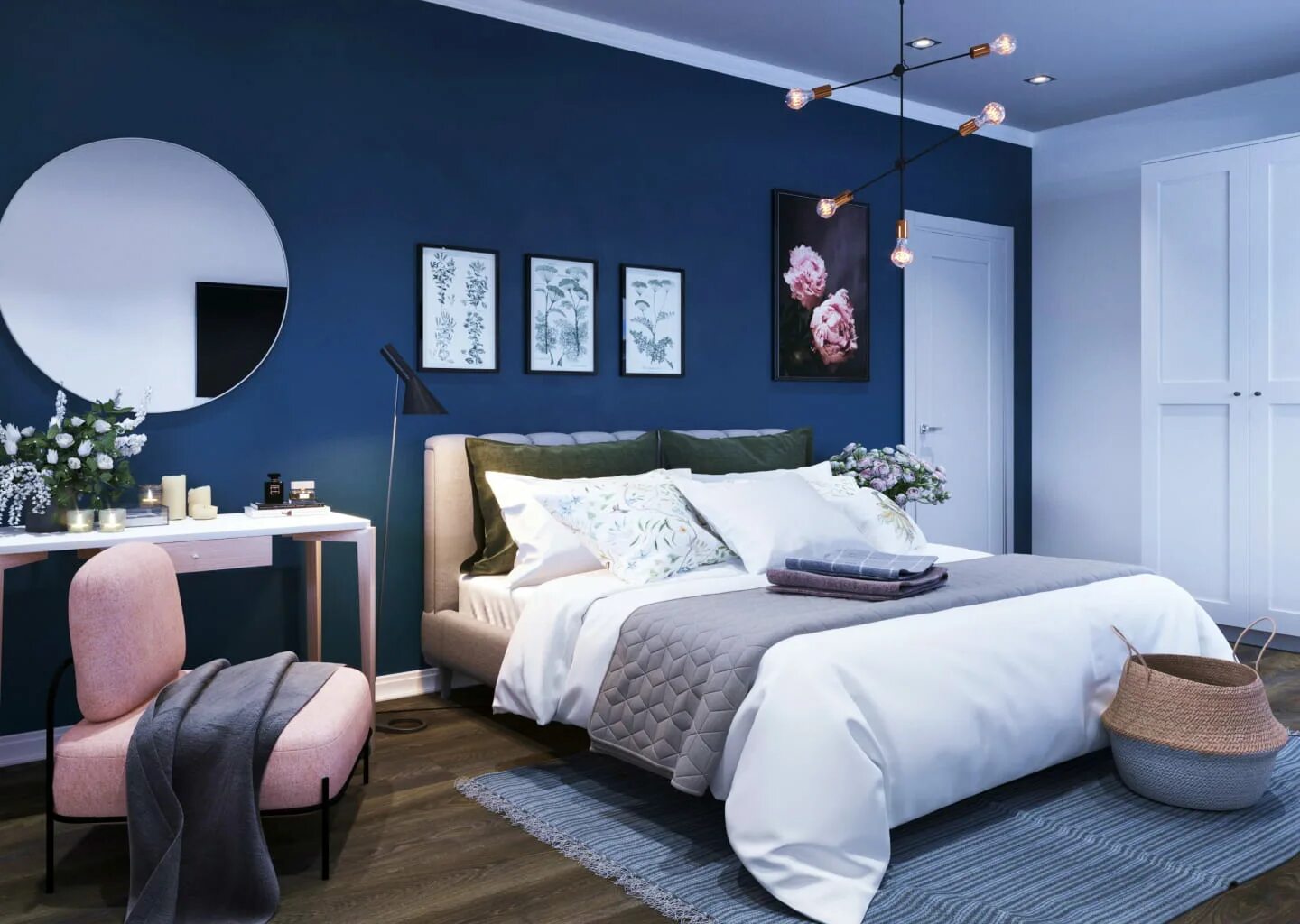 синяя спальня. синий шкаф в интерьере спальни. стильный декор спальни. спальня в бело синем цвете. синяя современная спальня.