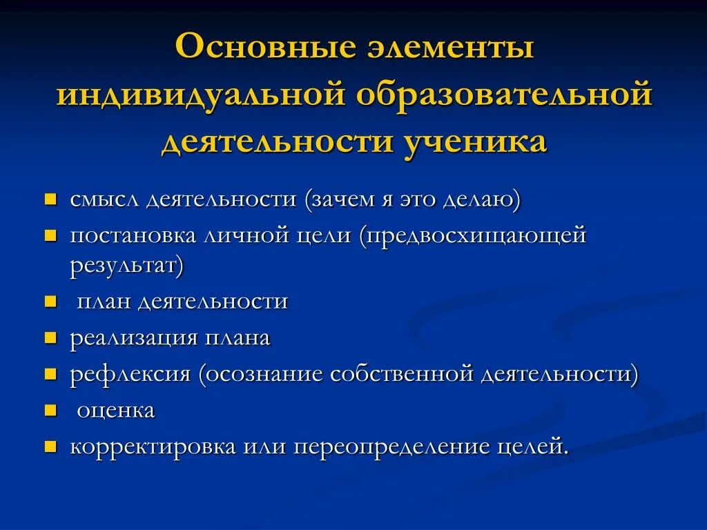 Осознанно предвосхищаемый результат деятельности. Показатели индивидуальной учебной деятельности. Ключевые смыслы деятельности. Индивидуальная образовательная Траектория. Смысл моей деятельности.