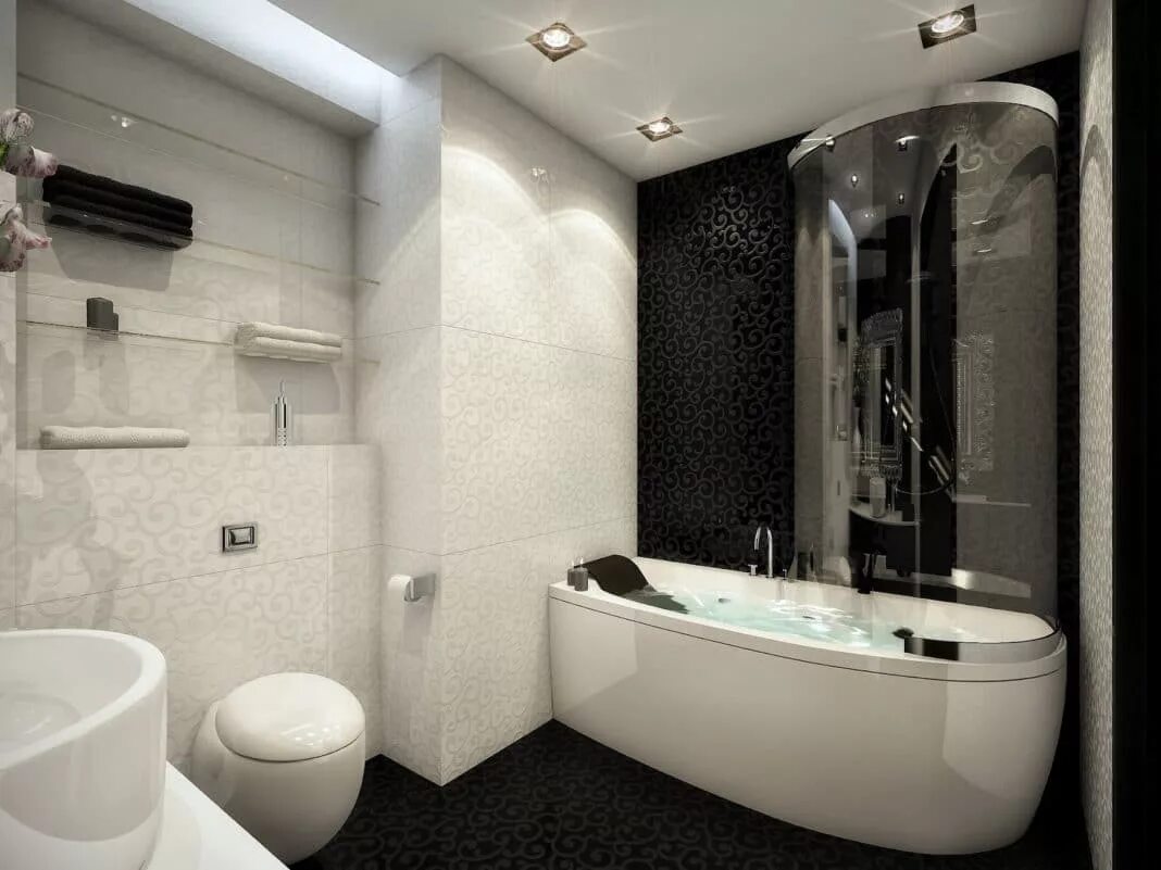Ванная комната. Дизайнерская ванная комната. Ванная в черно белых тонах. Дизайн интерьера ванный комнаты.