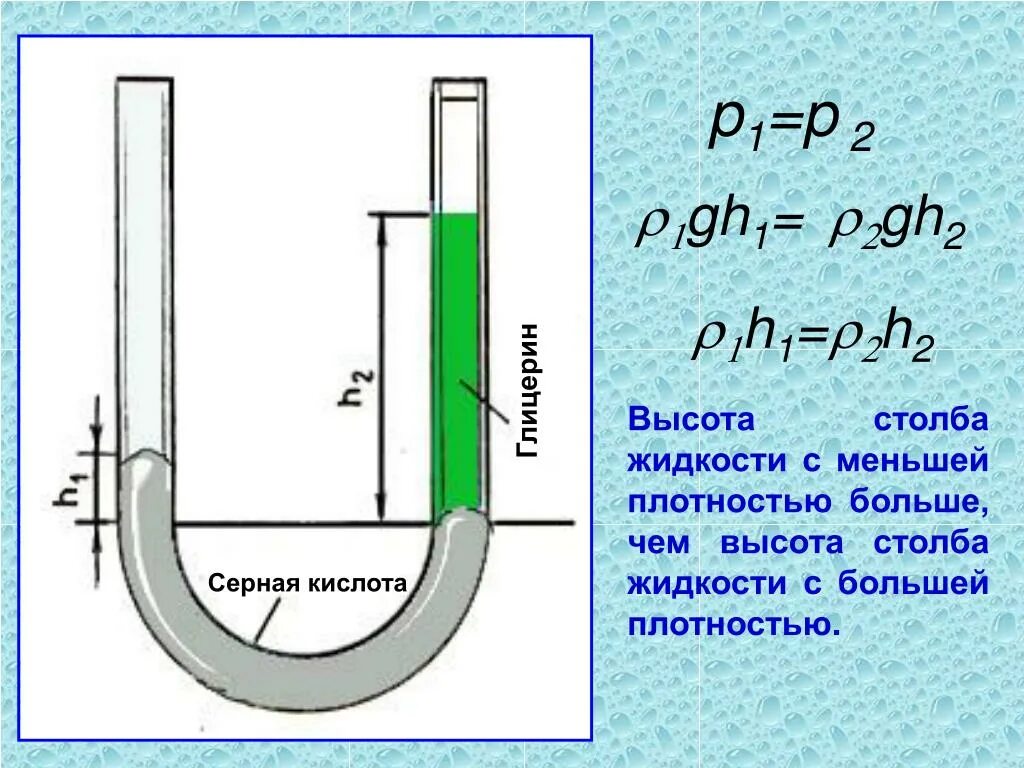 Какую высоту столбика ртути в трубке. Высота столба жидкости. Давление столба жидкости в сообщающихся сосудах. Как рассчитать высоту столба жидкости. Формула вычисления столба жидкости высотой.