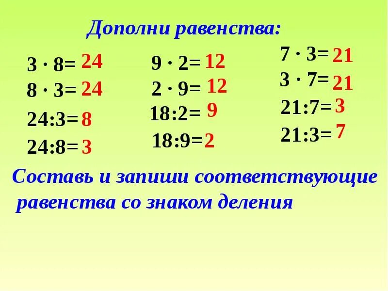 Работа 12 по теме деление. Взаимосвязь умножения и деления. Дополни равенства. Деление. Умножение и деление 2 класс.