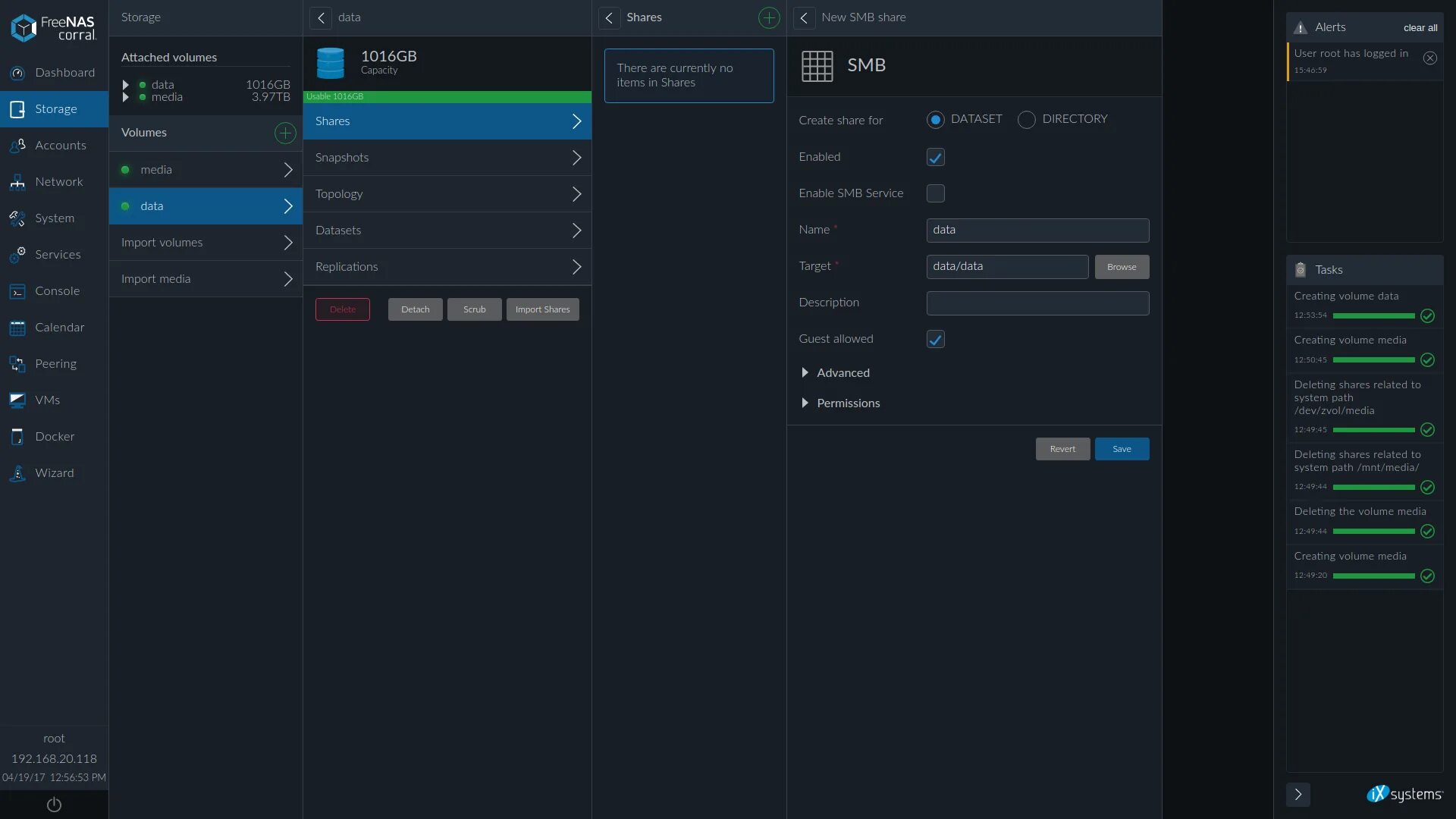 Файловый сервер SMB. Storage Volumes. FREENAS. Фринас хранилище.