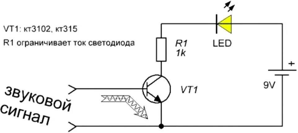 Цветомузыка на транзисторе кт315 схема. Схема мигающий светодиод 1,5 вольт. Мигающий светодиод на транзисторе кт315. Схема подключения светодиода через транзистор.