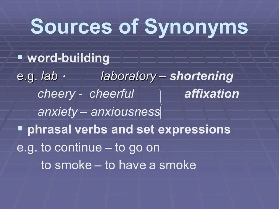 Interest synonyms. Word building shortening. The main sources of Synonymy are:. Building synonyms. Main sources of synonyms.