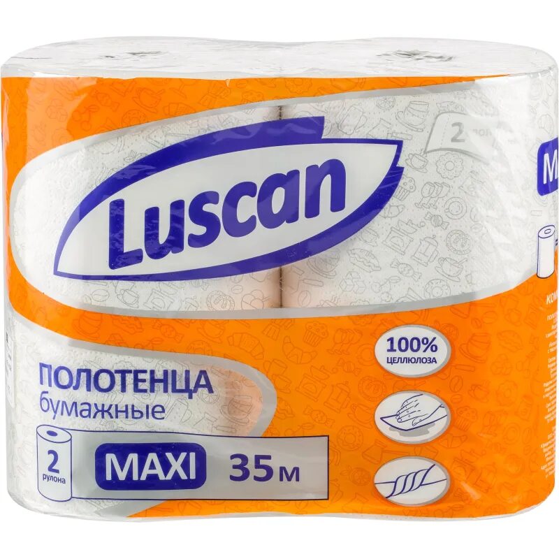 Полотенца бумажные Luscan 2-сл., с тиснением, 2рул./уп.. Luscan Maxi 2-слойные белые 2 рулона по 35 метров. Полотенца бумажные Belux 3 в 1 белые 2-сл 1рул/уп 35 м/рул 1/12.