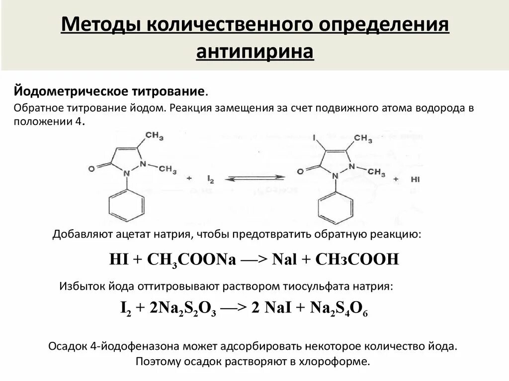 Метод количественного определения антипирина. Феназон антипирин. Антипирин йодометрическое титрование. Метамизол натрия реакции подлинности. Определить метод качественный количественный